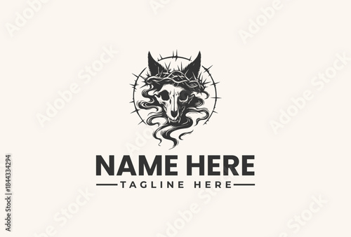 Black and white illustration of a devil-like creature logo with horns and a snake, surrounded by a circle with lines, on a beige background with space for a name and tagline.