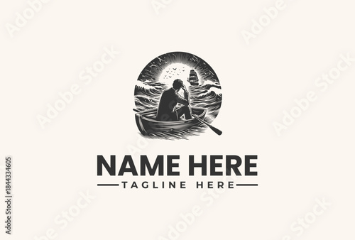 Black and white vector illustration of a logo featuring a person rowing a boat at sunset with mountains in the background and space for a name and tagline.