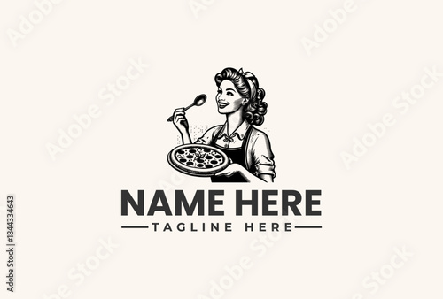 Vector illustration of a woman holding a pizza and utensil with a logo and tagline on a plain background.