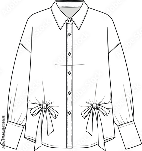 Fashion technical sketch of women’s blouse with bow details, CAD flat drawing, long sleeves, button front and collar, vector illustration