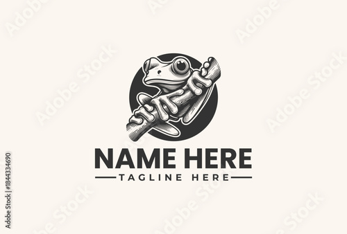 A vector illustration of a frog holding a saxophone in a circular logo with placeholder text on a beige background.