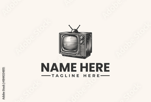 Vector illustration of a vintage television with antennae and customizable name and tagline text on a beige background.