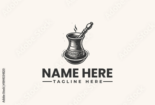 Black and white illustration of a traditional coffee pot with a long handle on a plate with a placeholder name and tagline on a beige background, vector logo design.