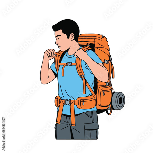 A person, with a large pack, prepares for hiking, securing the straps