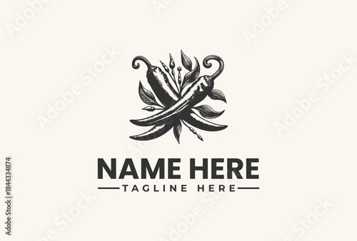 Black and white illustration of a stylized logo with a feather-like design element and sample text on a beige background.