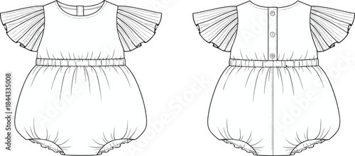 Baby bubble romper ruffle sleeve bodysuit infant one-piece elastic waist gathered leg openings back button placket vector fashion flat sketch