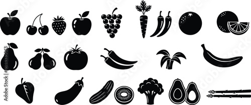 Set of black silhouette icons representing a collection of common fruits and vegetables, including apples, grapes, bananas, carrots, and avocados.