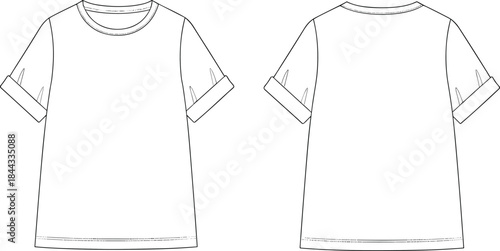 Women rolled sleeve T shirt crew neck short sleeve oversized relaxed fit fashion flat apparel vector technical sketch front back