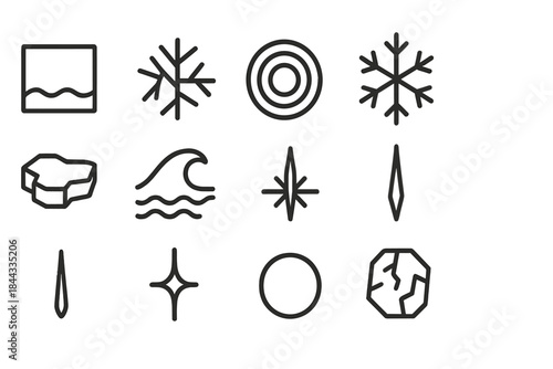 Frozen Water Icons. Frozen lake with snowy trees – Frozen Water Elements. Line outline icon set of Frozen