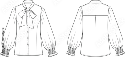 Bow tie blouse with puff sleeves smocked ruffle cuffs button front shirt women fashion flat technical sketch elegant garment template