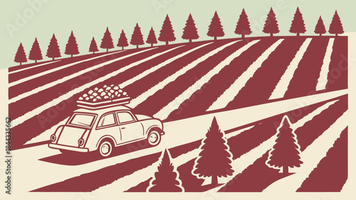 Vintage car with Christmas trees on roof, driving through tree farm, illustration for holiday or seasonal marketing isolated on White Background