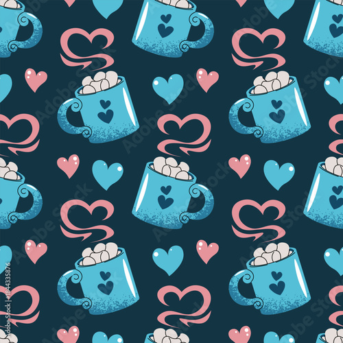 Seamless Pattern With Mug, Marshmallows And Hearts In Flat Style. Cozy Valentine's Day Hot Drink Texture For Fabric, Background, Packaging, Wallpaper And Surface Design. Sweet Comfort Concept.