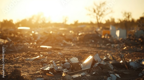 Sunlight illuminates scattered construction debris and twisted metal fragments on an abandoned urban site