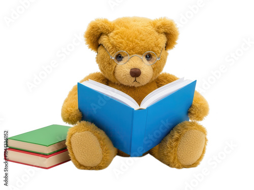 A charming teddy bear with glasses intently reading a book with stacked books