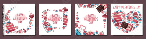 Set of square frames with sweets, cake, chocolate, strawberry, candy and hearts. Valentine's day, wedding, anniversary, love celebration. Sweet collection concept. For banner, poster, card