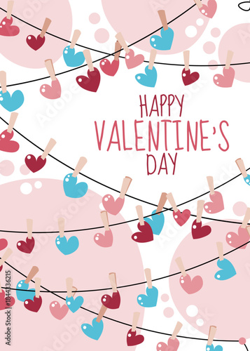 Greeting card template with heart garland bunting in flat style. Valentine's day, wedding, anniversary, love party. Festive celebration concept. For banner, social media cover, invitation, flyer