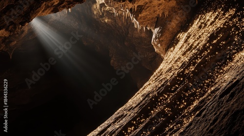 Sunlight streams into a dark cavern illuminating glistening rock formations and hanging stalactites