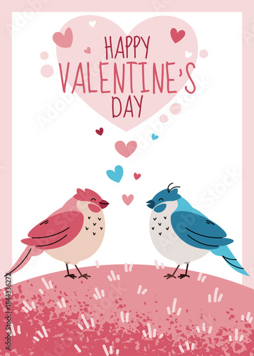 Greeting card template with two love birds in flat illustration style. Valentine's day, wedding, anniversary, spring romance. Eternal lovebirds concept. For social media, invitation, banner, poster