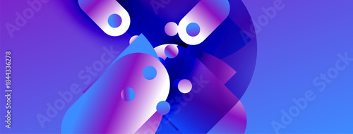 Abstract shapes, vibrant blues, purples blend. Modern design, fluid forms create dynamic composition. Gradient colors, smooth transitions dominate visual space.