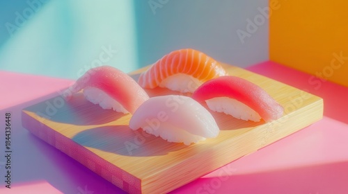 Sushi nigiri arrangement on a wooden platter in close up