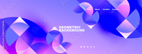 Abstract geometric background. Purple, blue hues dominate design. Navigation menu present at top. Modern, vibrant aesthetic.