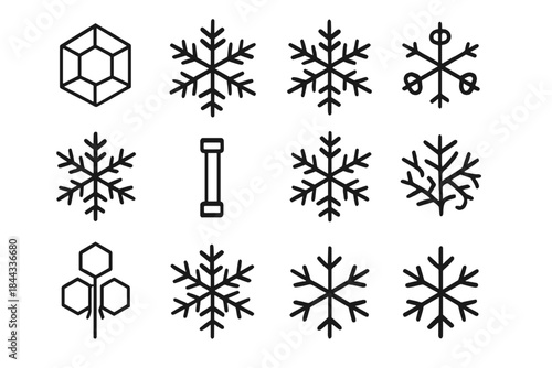 Snowflake Icon Collection. Snowflakes macro photography. Line outline icon set of Snowflakes macro photography