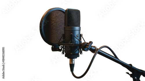 Black Studio Condenser Microphone with Pop Filter and Boom Arm, Isolated on White Background