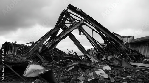 Twisted metal frame of a collapsed canopy structure in ruins with debris scattered around under a cloudy sky