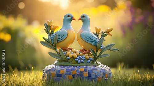 Two loving blue and yellow birds perched on a mosaic base surrounded by foliage and flowers in soft sunlight