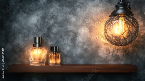 Two perfume bottles on a dark teak wood shelf