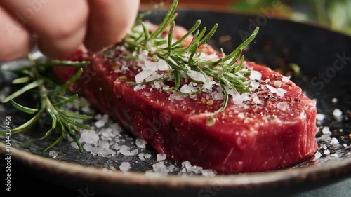 A close-up of a chef's hand sprinkling salt and herbs over a raw steak on a dark plate, with fresh rosemary and spices enhancing the culinary presentation in a cozy kitchen setting