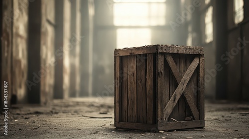 Weathered wooden crate in an old abandoned warehouse