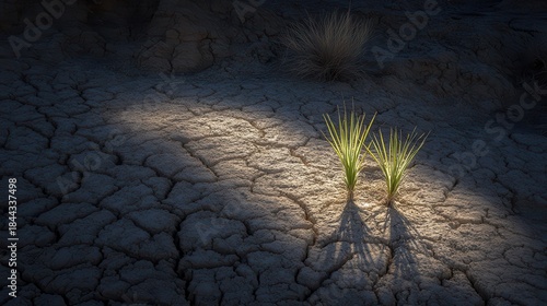 Two resilient plants emerging from cracked dry barren ground with strong sunlight casting shadows