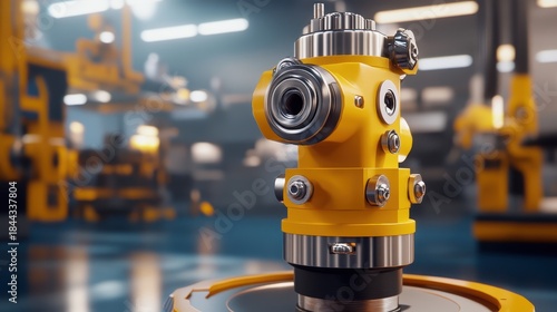 Yellow industrial fire hydrant equipment with metal components in a manufacturing facility