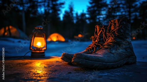 Worn tattered boots and glowing lantern sit on the ground at night with a tent in the background