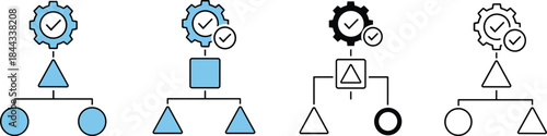 Organizational chart and business process flow visualization, illustrating task completion, approval, and successful workflow management using geometric shapes.