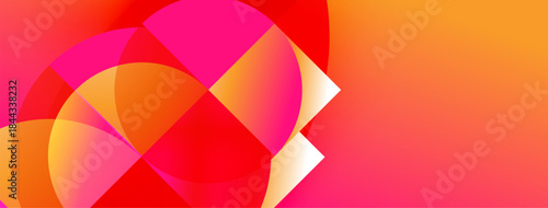 Abstract vibrant shapes overlap, creating dynamic warm color gradients. Orange, pink, red hues dominate composition. Modern design.