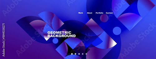Abstract geometric background. Blue purple gradients create modern design. Text elements present work, about, portfolio, contact.