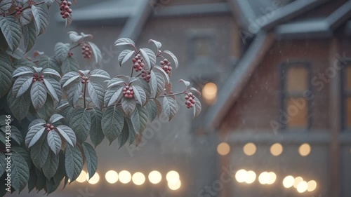 holly branch with leaves and red berries evening magic Christmas snow