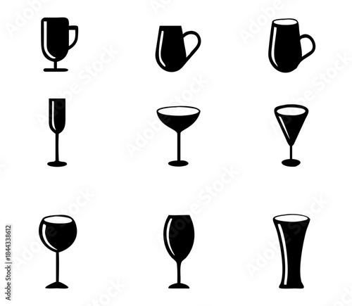 Set of vector glasses. Set of vector glasses for wine, martini, champagne and other