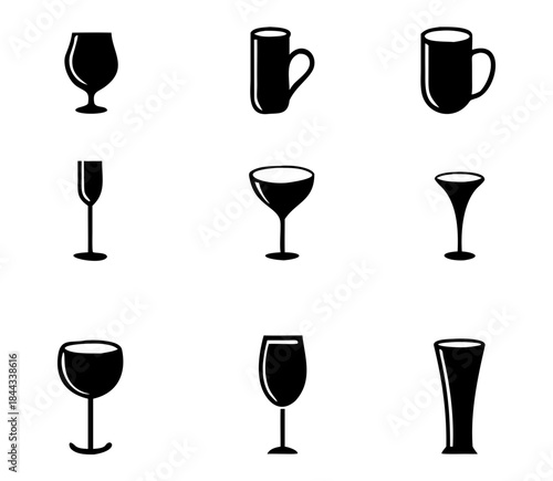 Set of vector glasses. Set of vector glasses for wine, martini, champagne and other