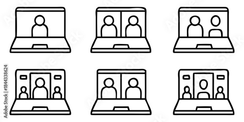 Video conference icon, Digital communication symbol, People on laptop screen, Internet learning media business concept, vector illustration