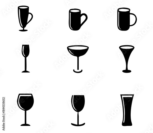Set of vector glasses. Set of vector glasses for wine, martini, champagne and other