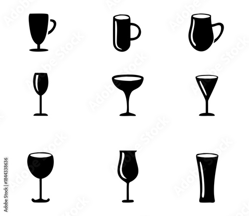 Set of vector glasses. Set of vector glasses for wine, martini, champagne and other