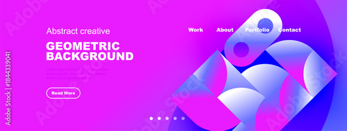 Vibrant abstract design. Geometric shapes, fluid gradients, pink purple hues dominate composition. Website header layout visible.