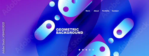 Abstract vibrant background. Blue, purple hues dominate design. Circles, shapes create dynamic visual effect. Text displays portfolio information.