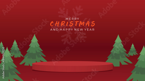 Merry Christmas and Chinese Happy New Year background with red podium. 