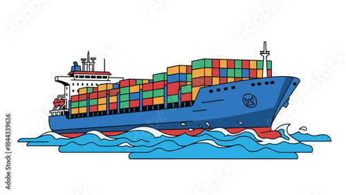 Large blue cargo ship carrying colorful shipping containers across the ocean, symbolizing global trade and logistics.