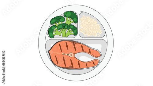 Healthy and nutritious meal featuring a perfectly grilled salmon steak, hearty white rice, and vibrant green broccoli florets.