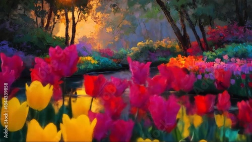A vibrant spring landscape featuring a serene river surrounded by blooming tulips in various colors, with a warm sunset illuminating the scene, creating a peaceful atmosphere